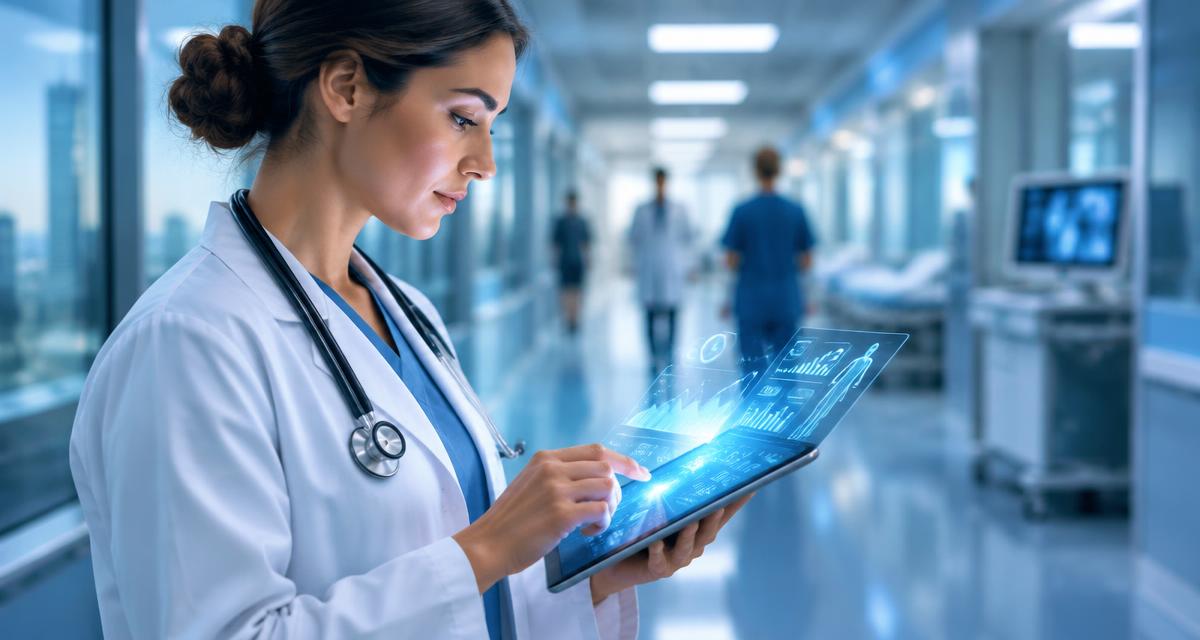 Healthcare professional using a tablet with AI-powered medical imaging.