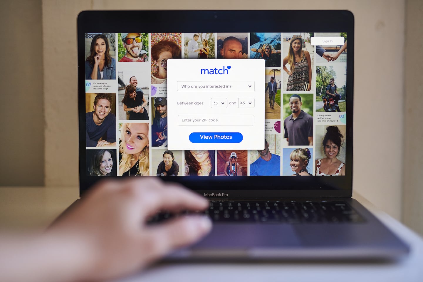 Illustration of a person swiping through dating app profiles that show job openings.