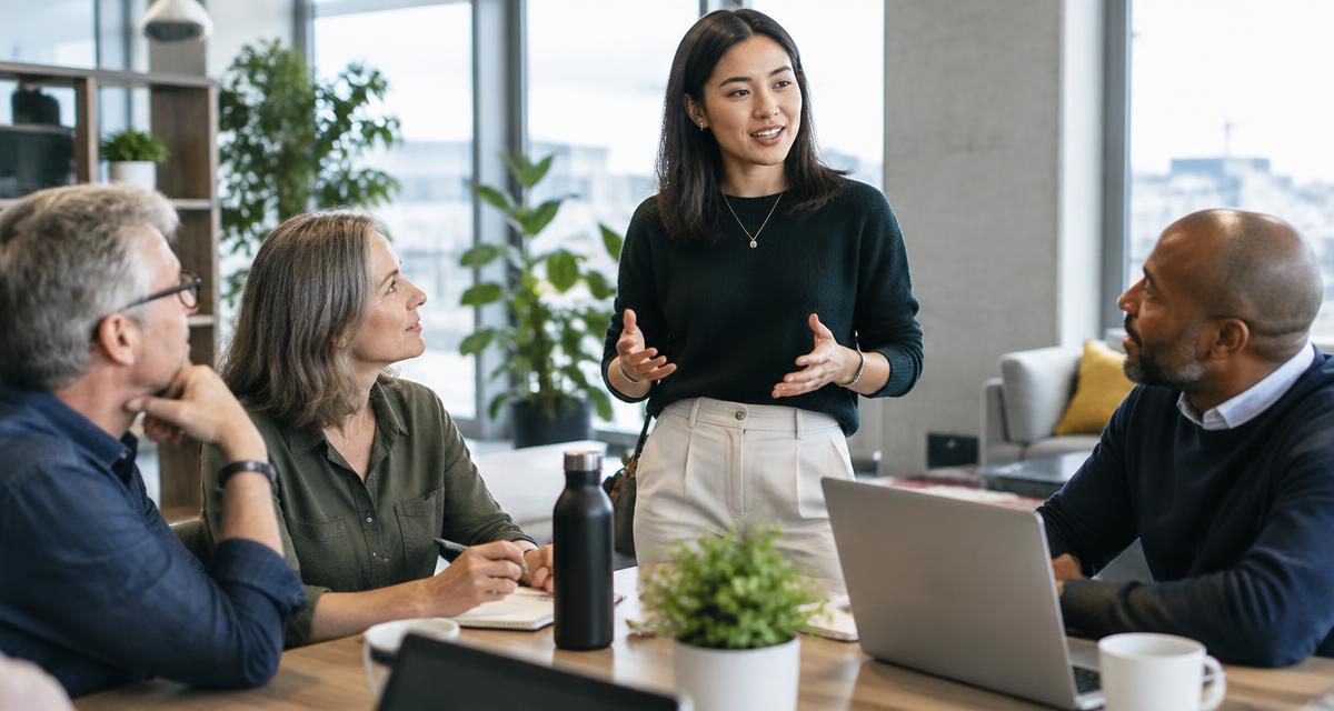 Young manager leading a meeting with older colleagues in a bright office.