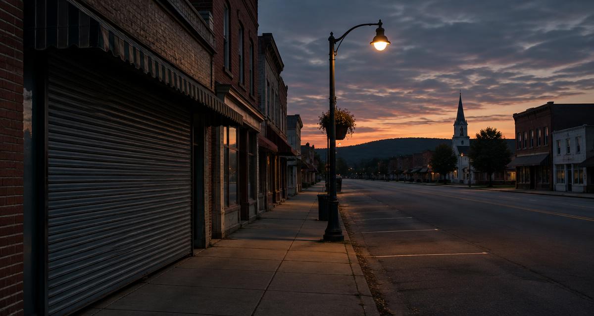 Quiet small-town American main street at dusk.